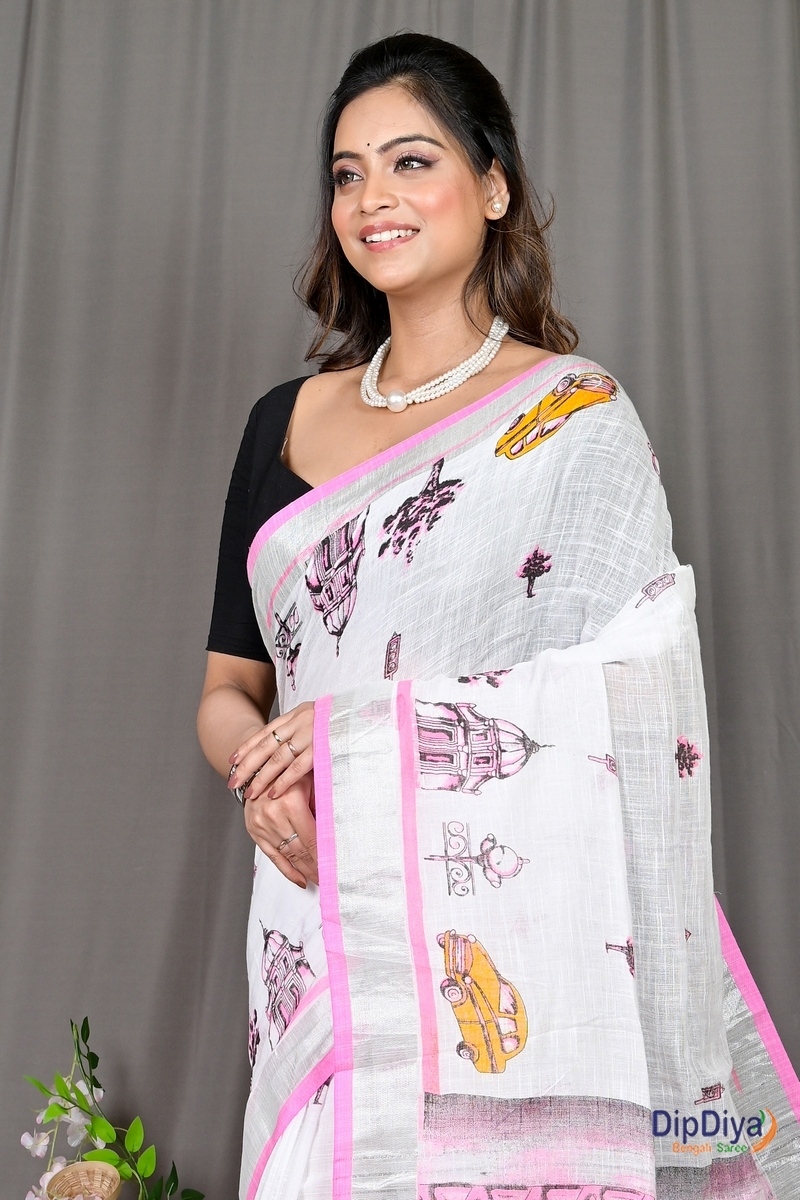 White Pink Pure Cotton Soher Printed Handloom Saree (608)